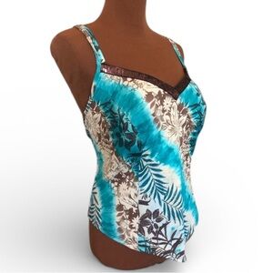 Women’s Tankini Swim Top Size XL Turquoise Blue and Brown Sequined Trim GUC